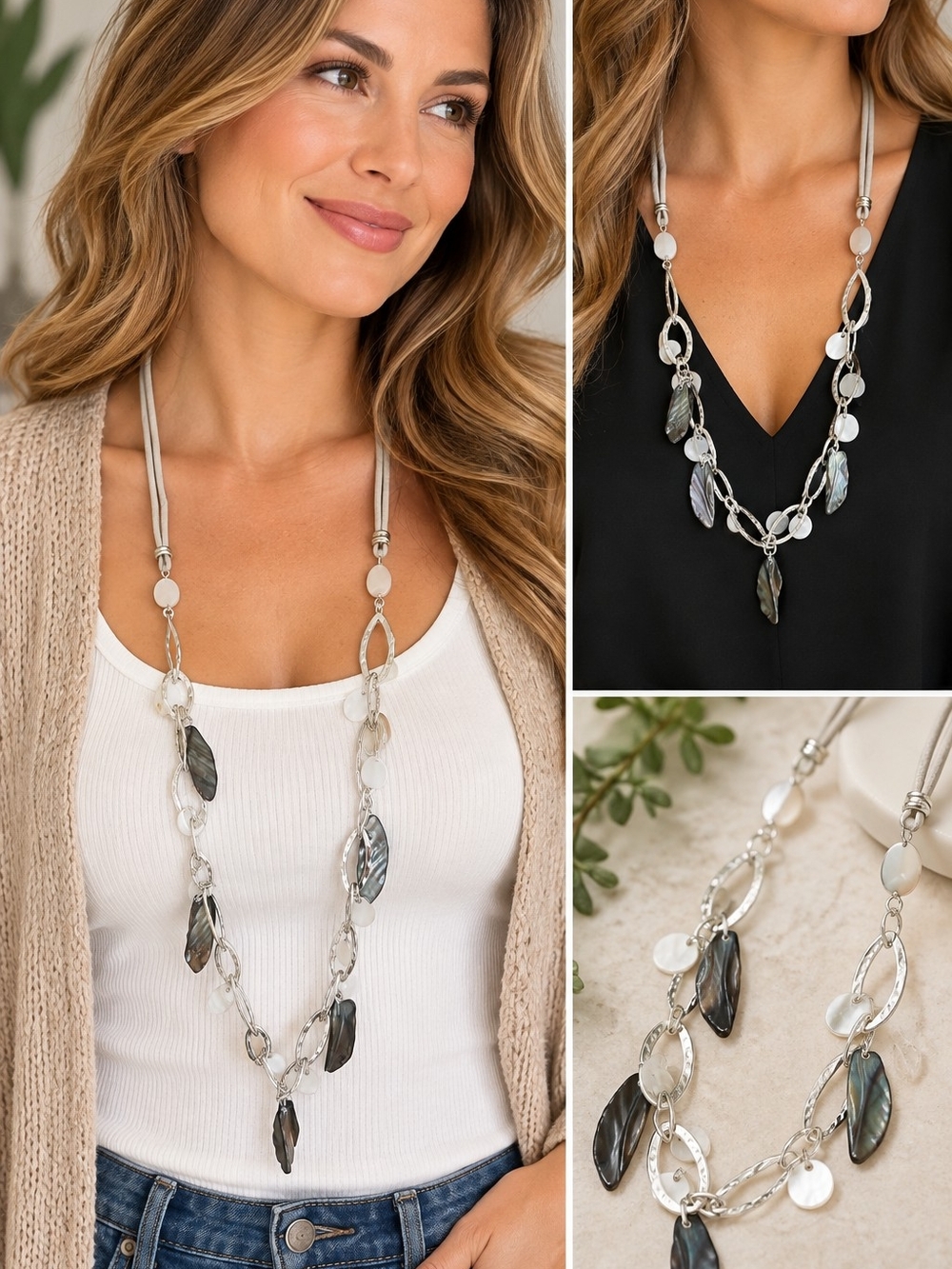 Silver Tone and Abelone Shell-Link Long Necklace - Women Jewelry